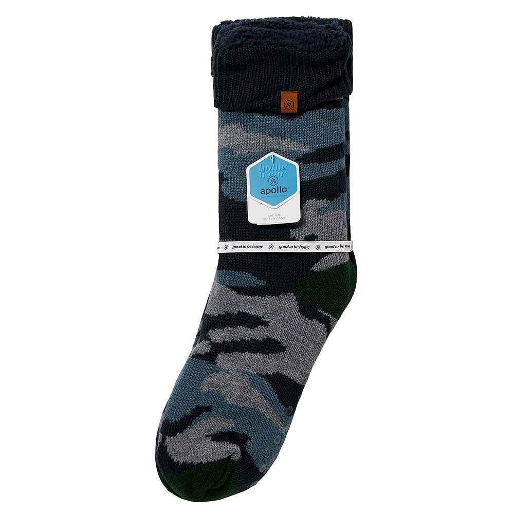 Huissokken heren - Legerprint - Anti Slip - Groen/Blauw
