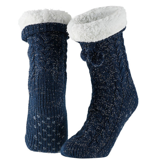 Dames huissok - Glitter - Fake bontkraag - Blauw