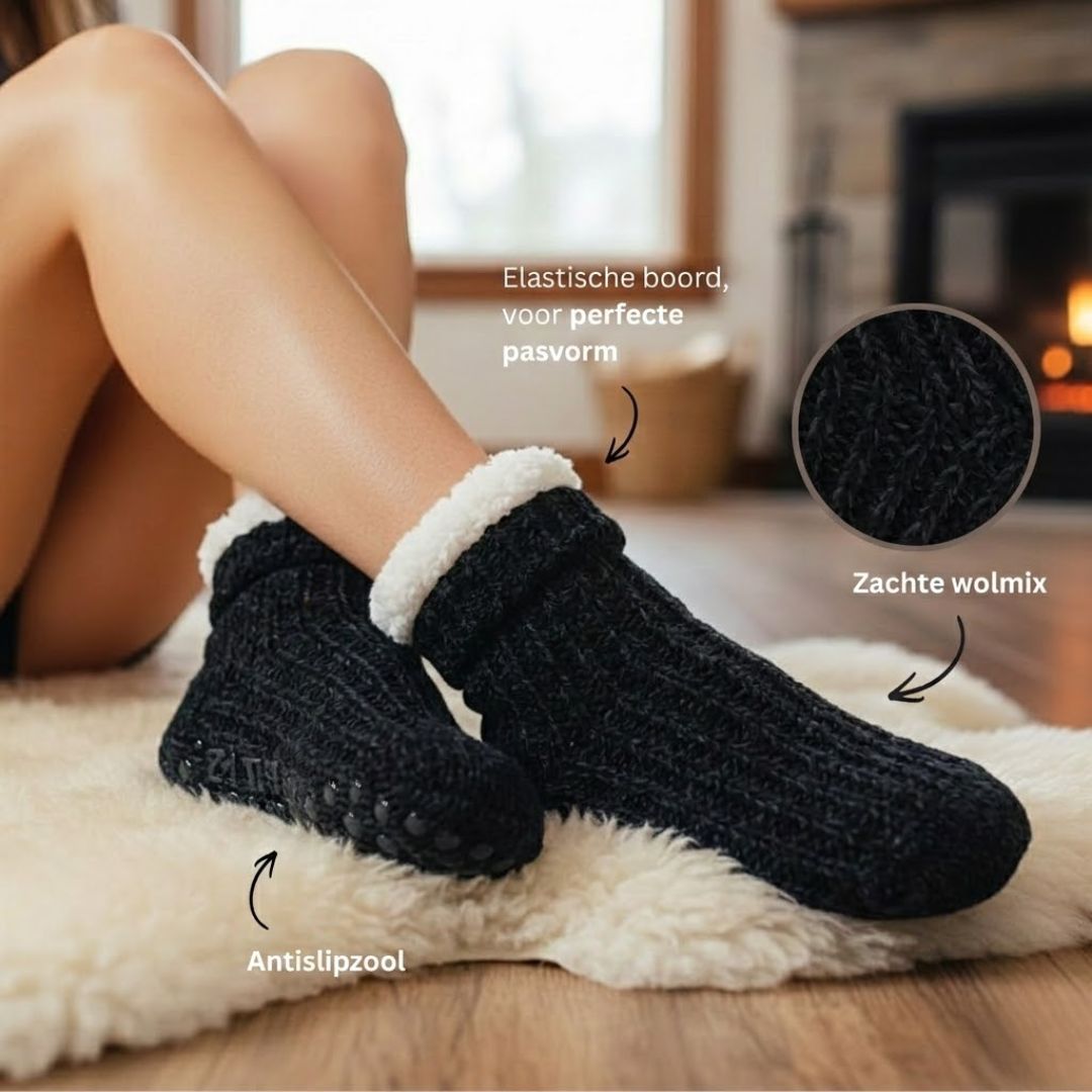 Wollen huissokken - Unisex - Antislip - Zwart