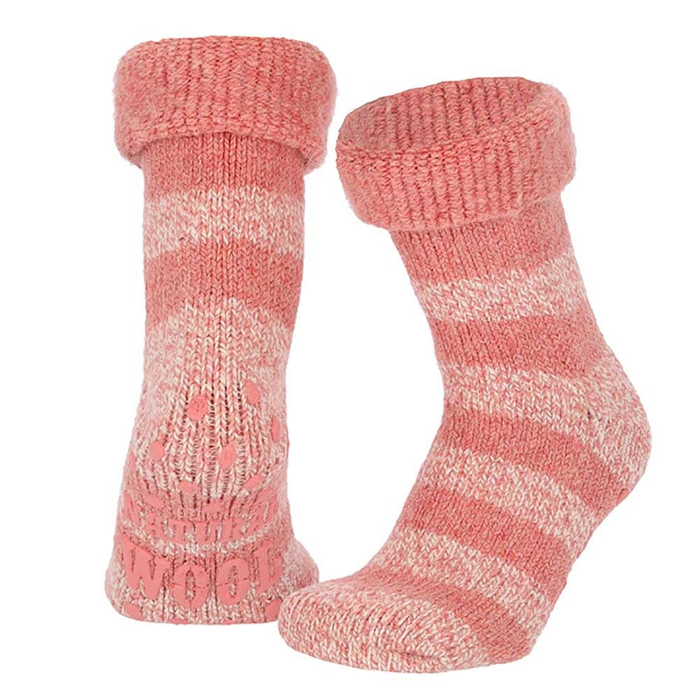 Chaussettes en laine pour femmes - Rayures - Rose - Antidérapantes