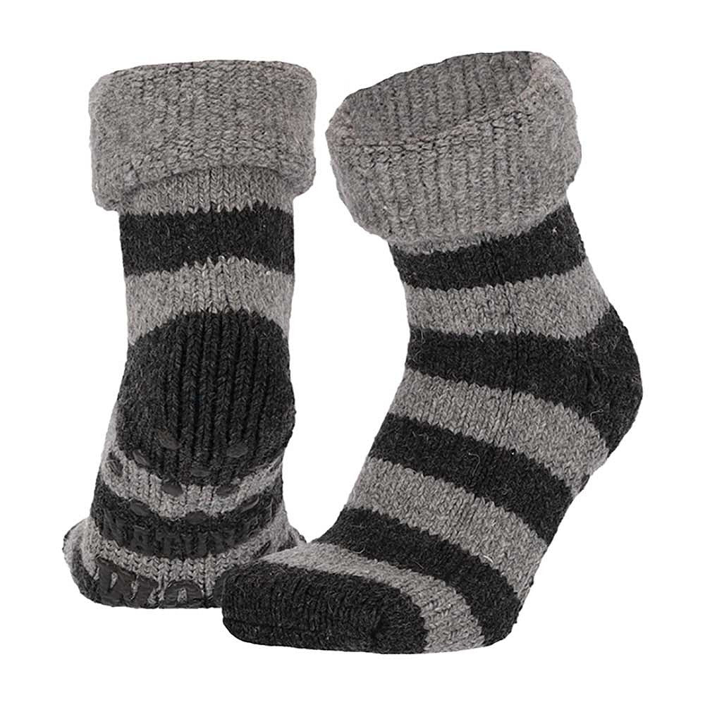 Chaussettes en laine pour femmes - Rayures - Gris foncé - Antidérapantes