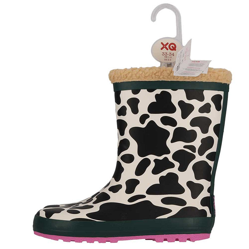Regenlaarzen kids koeienprint – XQ Footwear – zijaanzicht met hanglabel