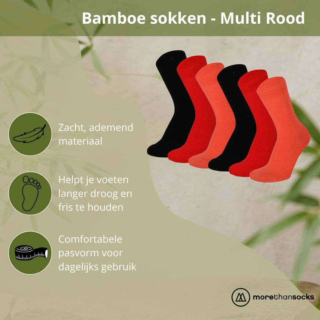 Bamboe sokken  - Kleurvol - Unisex - 6-Pack - Multi Rood