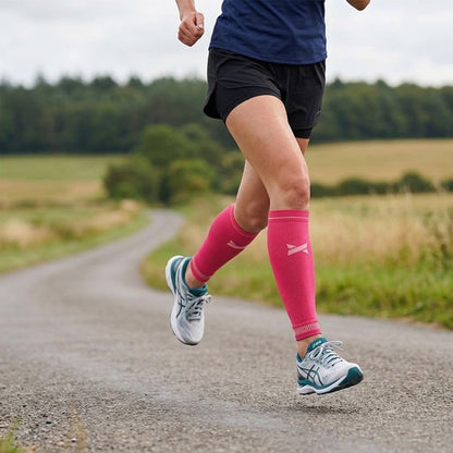 Compressie calf sleeve roze – Xtreme – gedragen tijdens het hardlopen
