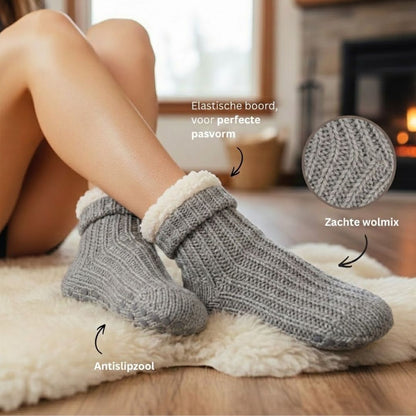 Wollen huissokken - Unisex - Antislip - Grijs Melange