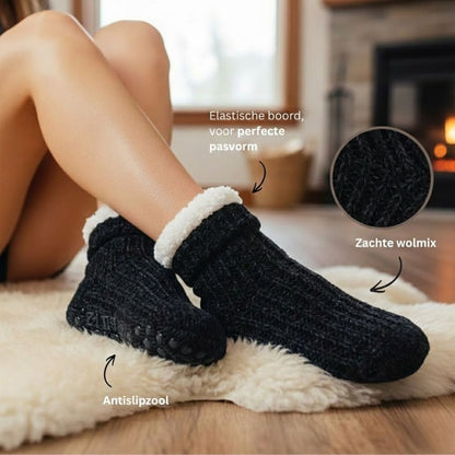 Wollen huissokken - Unisex - Antislip - Zwart