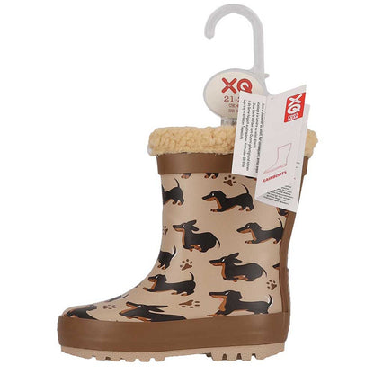 Regenlaarzen kids teckelprint – XQ Footwear – zijaanzicht met hanglabel