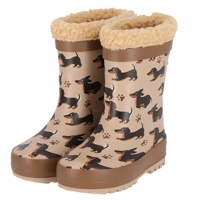 Regenlaarzen kids teckelprint – XQ Footwear – paar vooraanzicht met all-over print