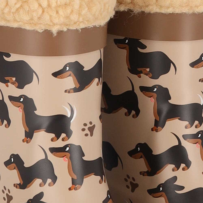 Regenlaarzen kids teckelprint – XQ Footwear – detail van de teckelprint en fur rand