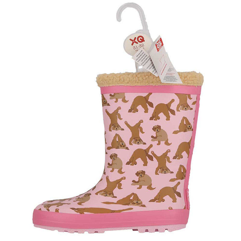 Regenlaarzen kids hondenprint – XQ Footwear – zijaanzicht met hanglabel