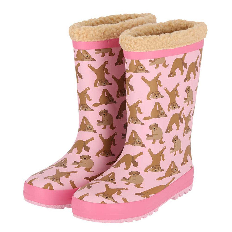 Regenlaarzen kids hondenprint – XQ Footwear – paar vooraanzicht met all-over print