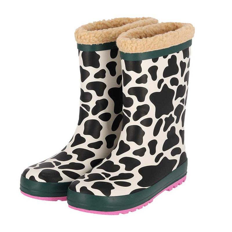 Regenlaarzen kids koeienprint – XQ Footwear – paar vooraanzicht met all-over print