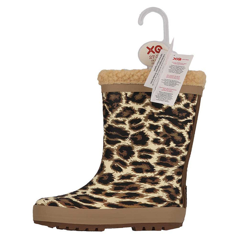 Regenlaarzen kids luipaardprint – XQ Footwear – zijaanzicht met hanglabel