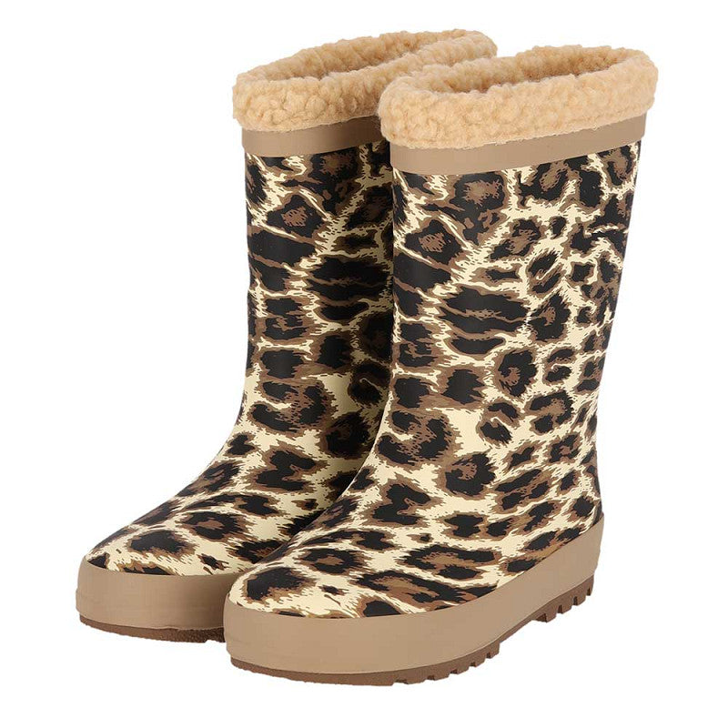 Regenlaarzen kids luipaardprint – XQ Footwear – paar vooraanzicht met all-over print