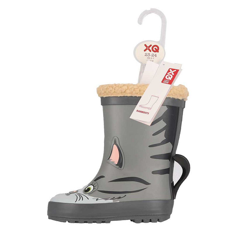 Regenlaarzen kids kattendesign – XQ Footwear – zijaanzicht met staartje en fur rand