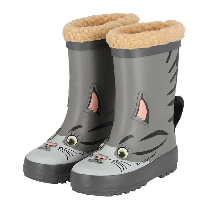 Regenlaarzen kids kattendesign – XQ Footwear – paar vooraanzicht met 3D oren en snorharen