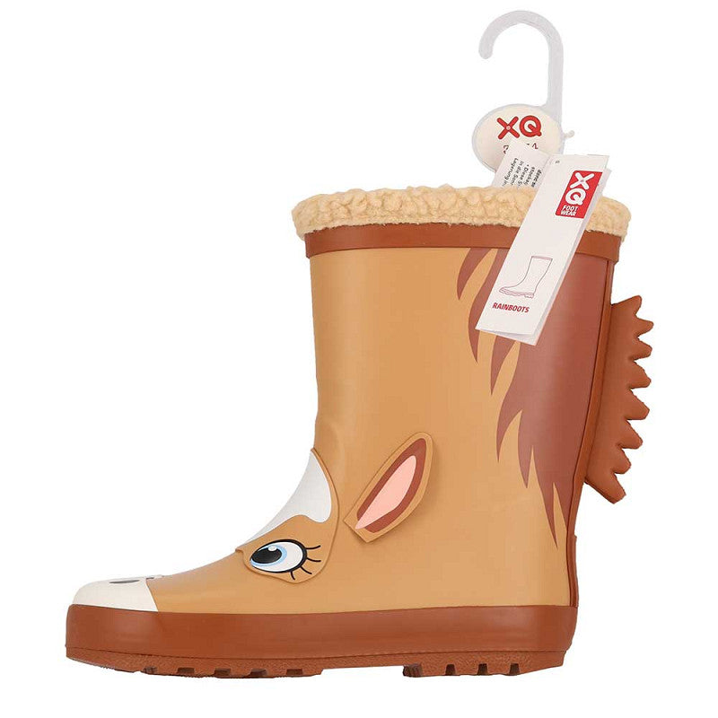 Regenlaarzen kids paardendesign – XQ Footwear – zijaanzicht met manen en fur rand