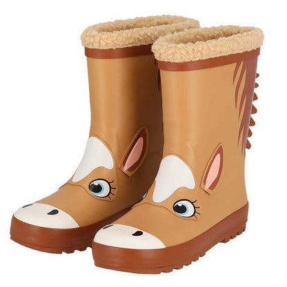 Regenlaarzen kids paardendesign – XQ Footwear – paar vooraanzicht met 3D oren en manen