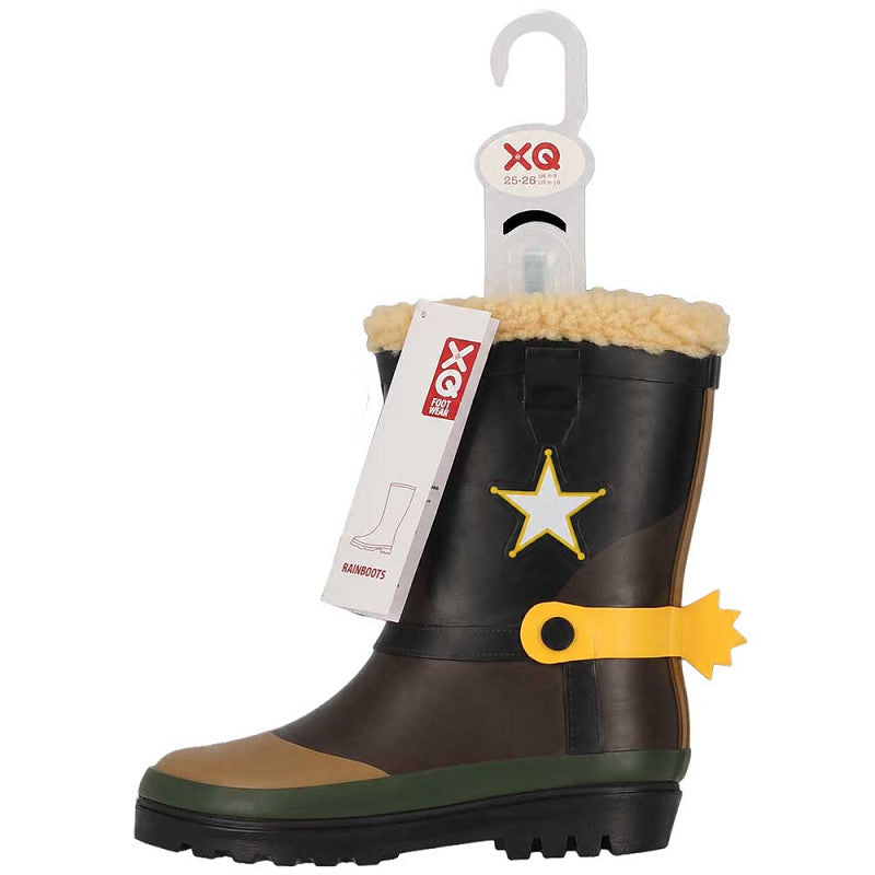 Cowboy regenlaarzen kids multi bruin – XQ Footwear – zijaanzicht met hanglabel