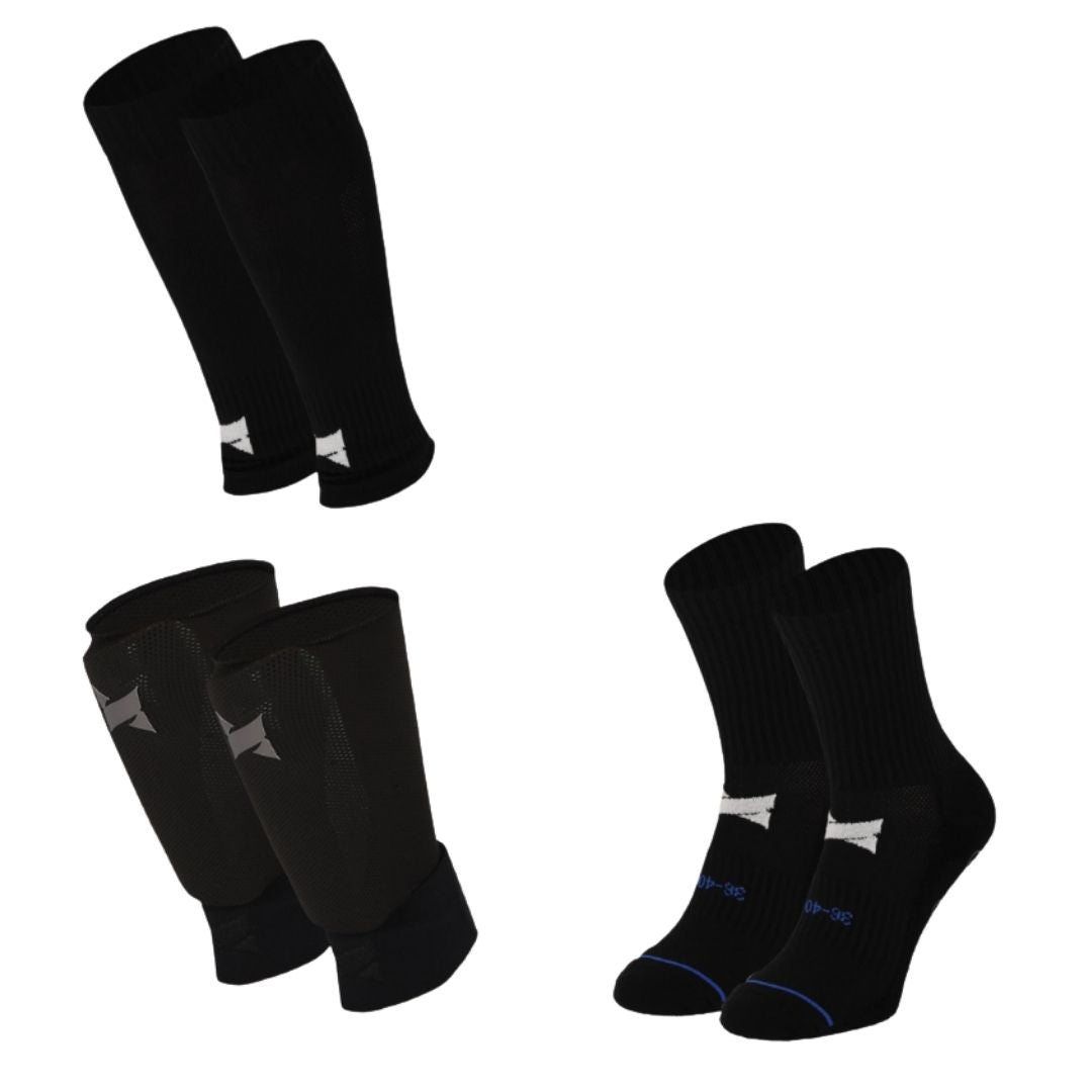 Xtreme – Grip-Socken + fußlose Socken + Schienbeinschoner + Knöchelriemen – Schwarz