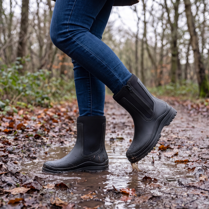 Black women's rain boots with a side zipper, worn on a muddy forest trail