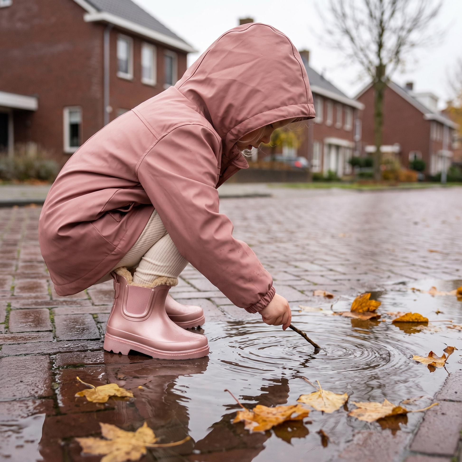 Kind in roze regenjas tekent met een stokje in een plas, met Chelsea regenlaarzen kinderen pink metallic met fake fur voering
