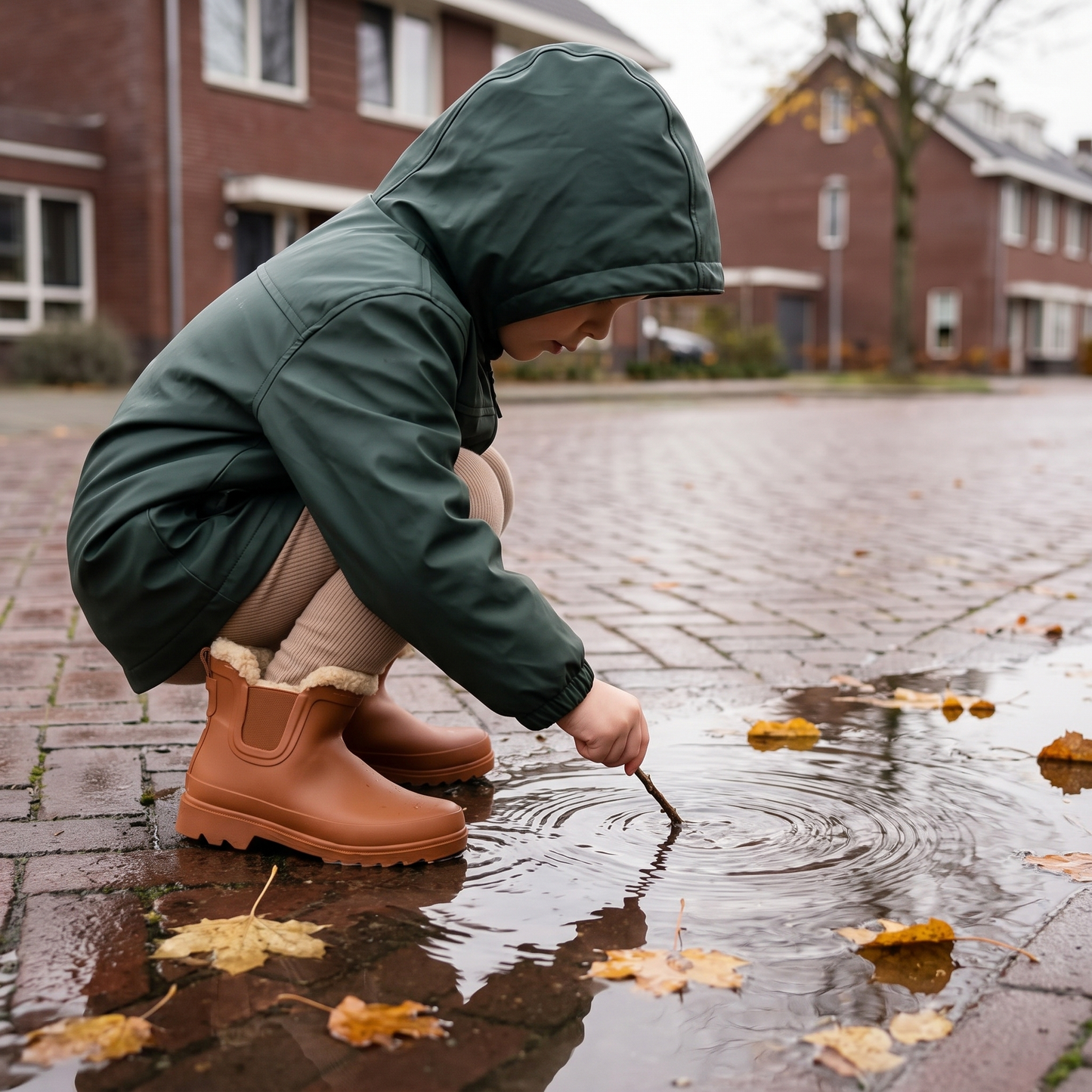 Kind in groene regenjas tekent met een stokje in een plas, met bruine Chelsea regenlaarzen kinderen met fake fur voering