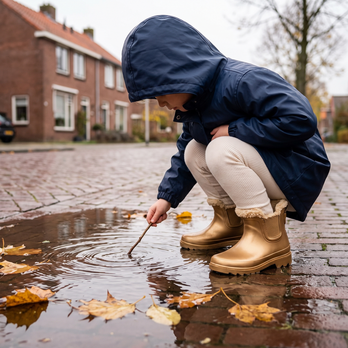 Kind in blauwe regenjas tekent met een stokje in een plas, met gouden Chelsea regenlaarzen kinderen met fake fur voering