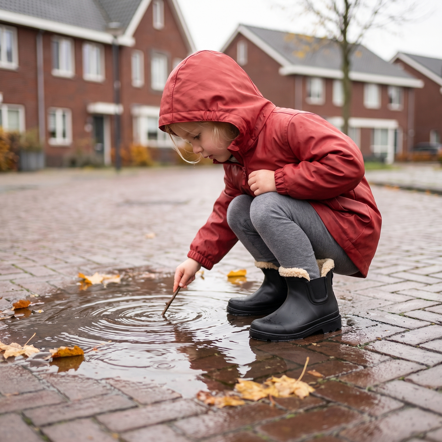 Kind in rode regenjas tekent met een stokje in een plas, met zwarte Chelsea regenlaarzen kinderen met fake fur voering