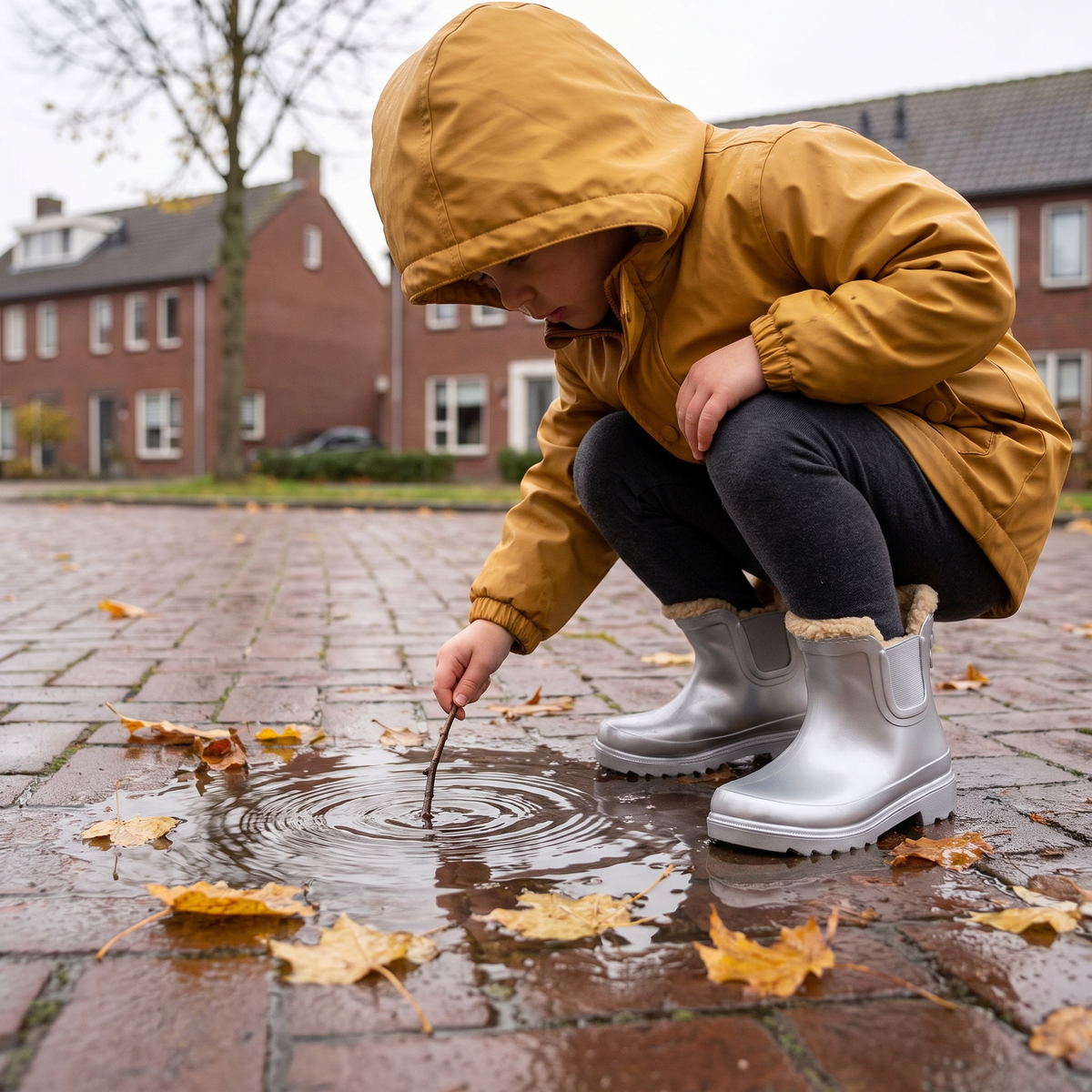 Kind in gele regenjas tekent met een stokje in een plas, met Chelsea regenlaarzen kinderen silver metallic met fake fur voering