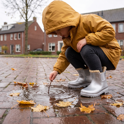 Kind in gele regenjas tekent met een stokje in een plas, met Chelsea regenlaarzen kinderen silver metallic met fake fur voering