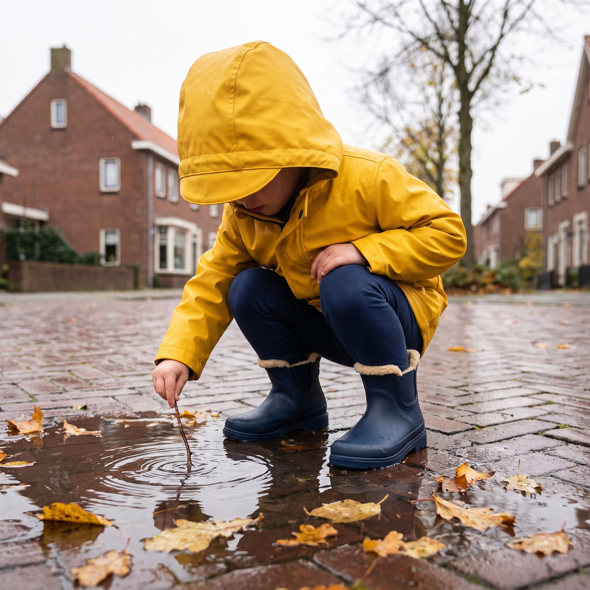Kind in gele regenjas tekent met een stokje in een plas, met blauwe Chelsea regenlaarzen kinderen met fake fur voering