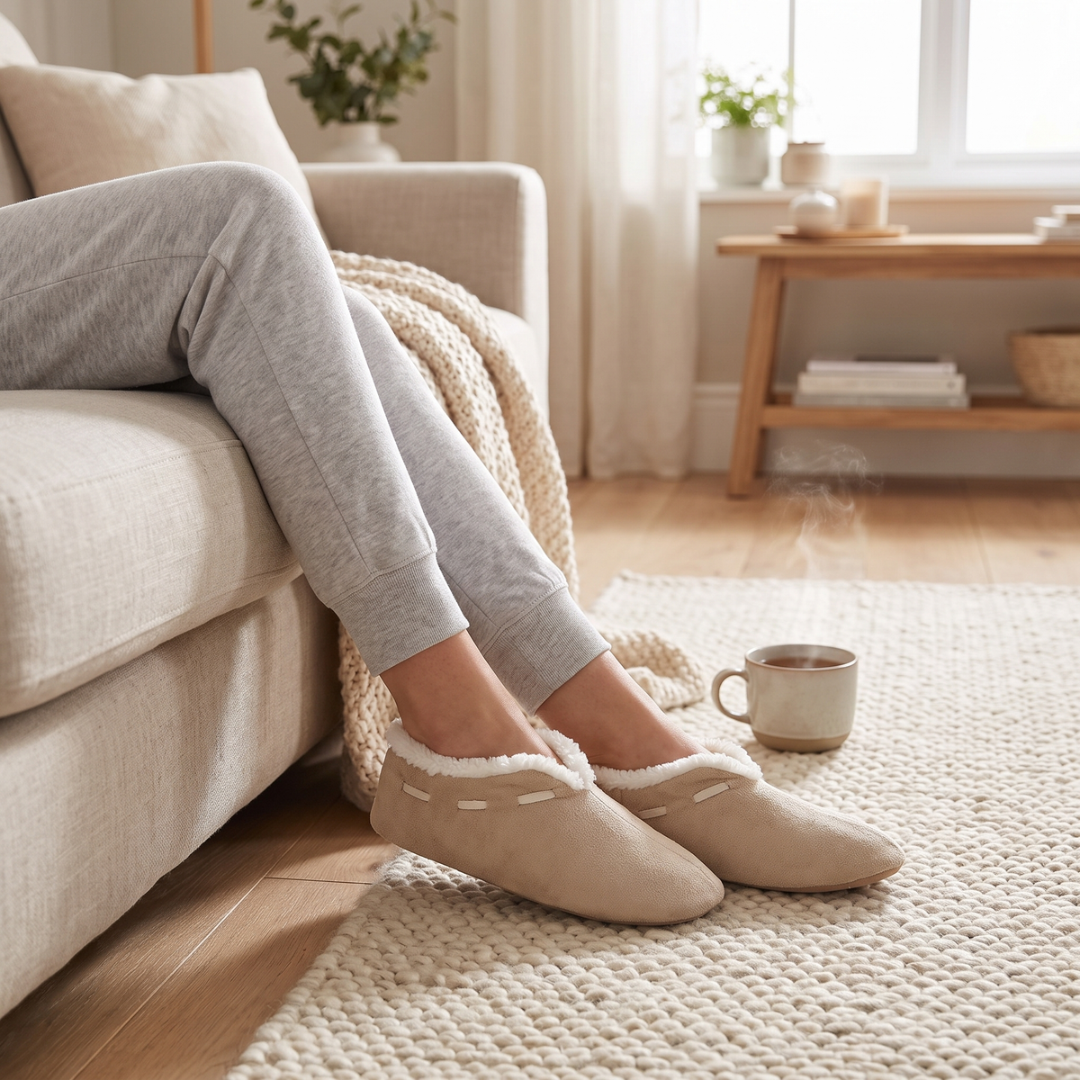 Spaanse sloffen dames beige – Apollo – gedragen op de bank