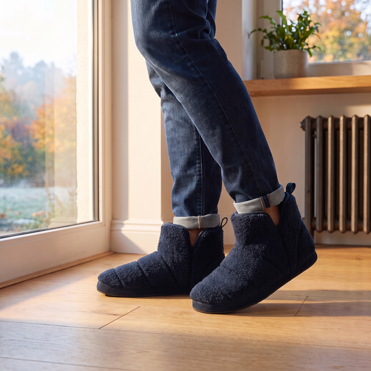 Hoge sloffen heren teddy wol navy blauw – Apollo – gedragen bij het raam
