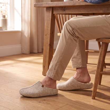Pantoffels heren met stevige zool beige – Apollo – gedragen aan tafel