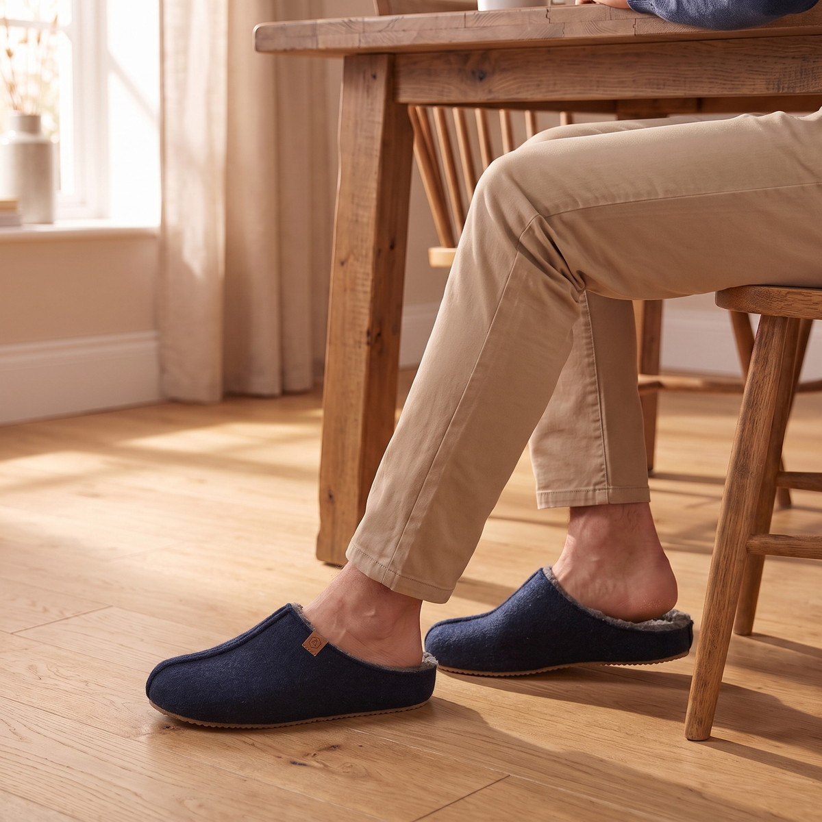 Pantoffels heren met stevige zool denim – Apollo – gedragen aan tafel