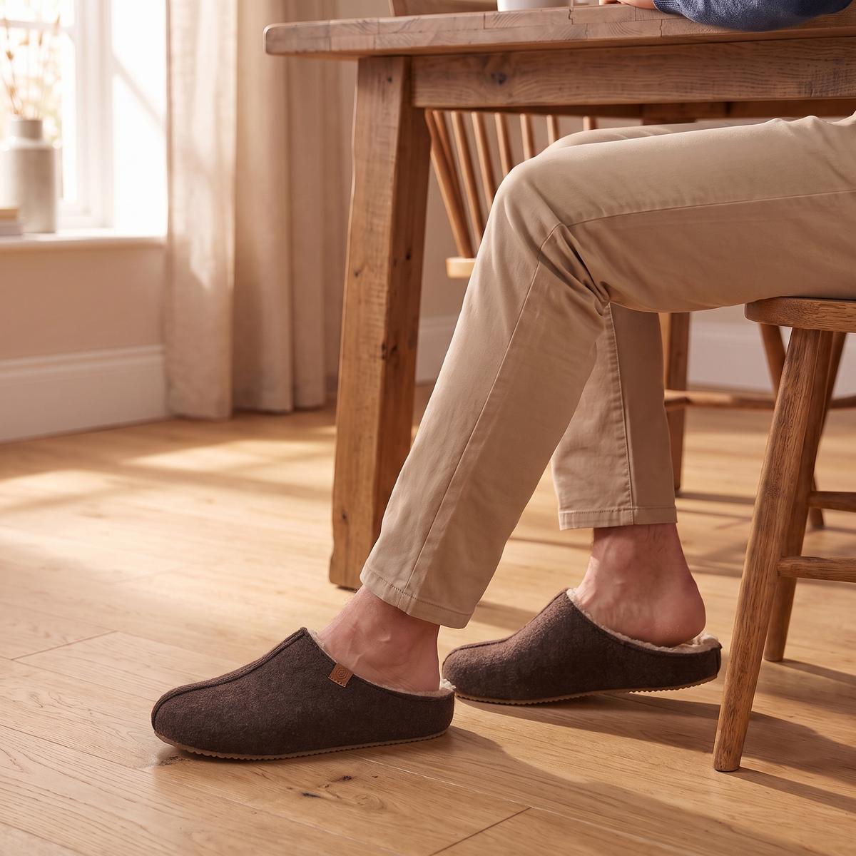 Pantoffels heren met stevige zool taupe – Apollo – gedragen aan tafel