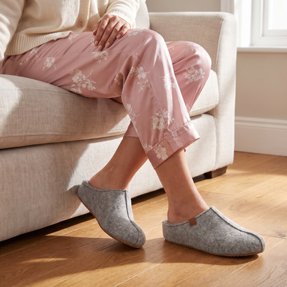 Damenslipper mit fester Sohle, grau – Apollo – auf dem Sofa getragen