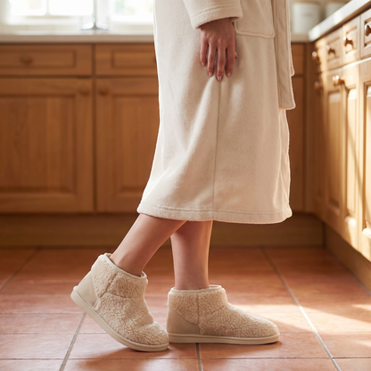 Dames teddy pantoffels offwhite – Apollo – gedragen in de keuken