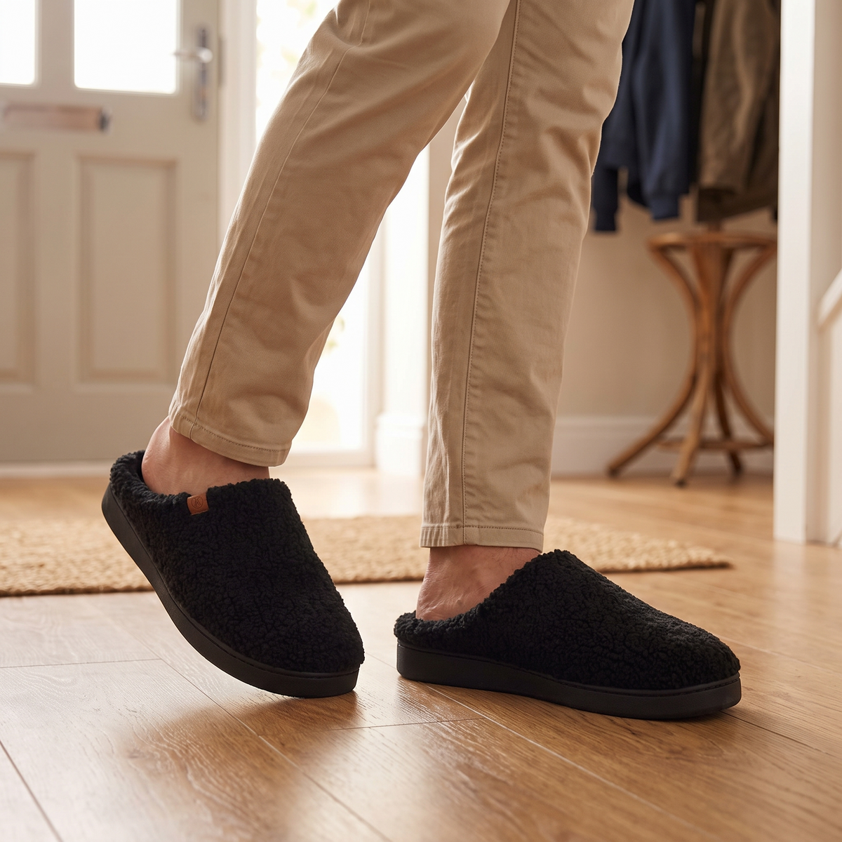 Pantoffels heren teddy wol zwart – Apollo – gedragen in de gang