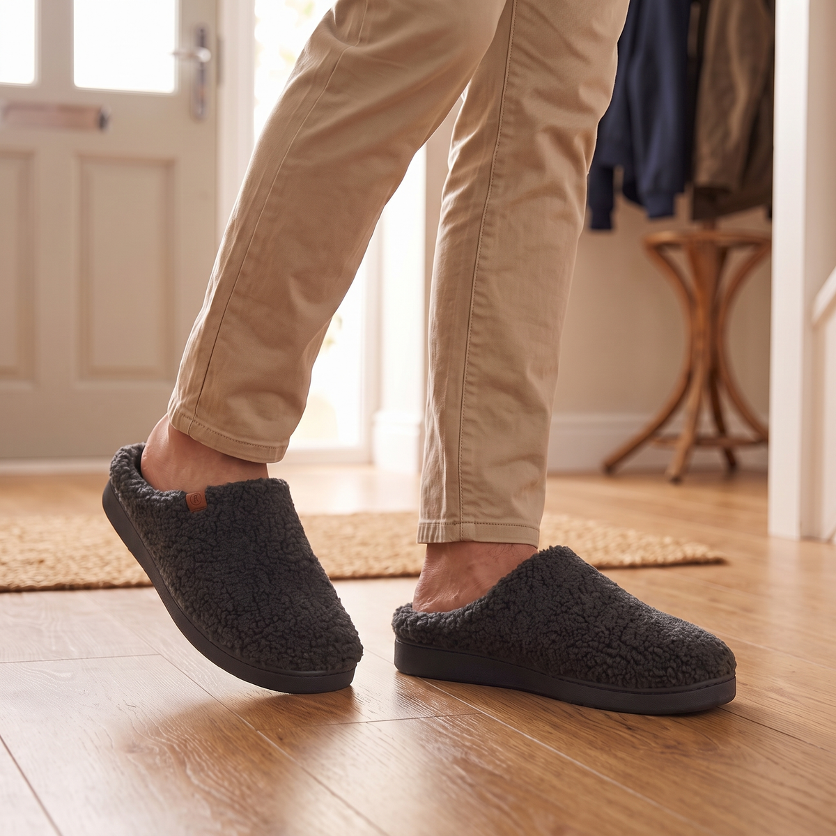 Pantoffels heren teddy wol antraciet – Apollo – gedragen in de gang