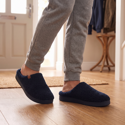 Pantoffels heren teddy wol navy blauw – Apollo – gedragen in de gang