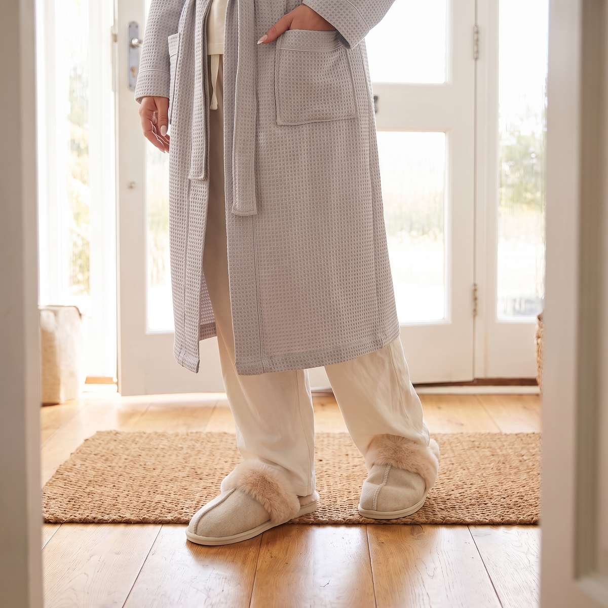 Instap sloffen dames vilt offwhite – Apollo – gedragen in de gang