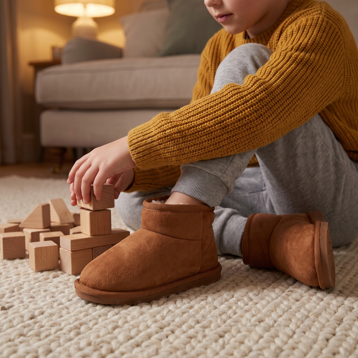 Kinder pantoffels suède cognac – Apollo – gedragen tijdens het spelen