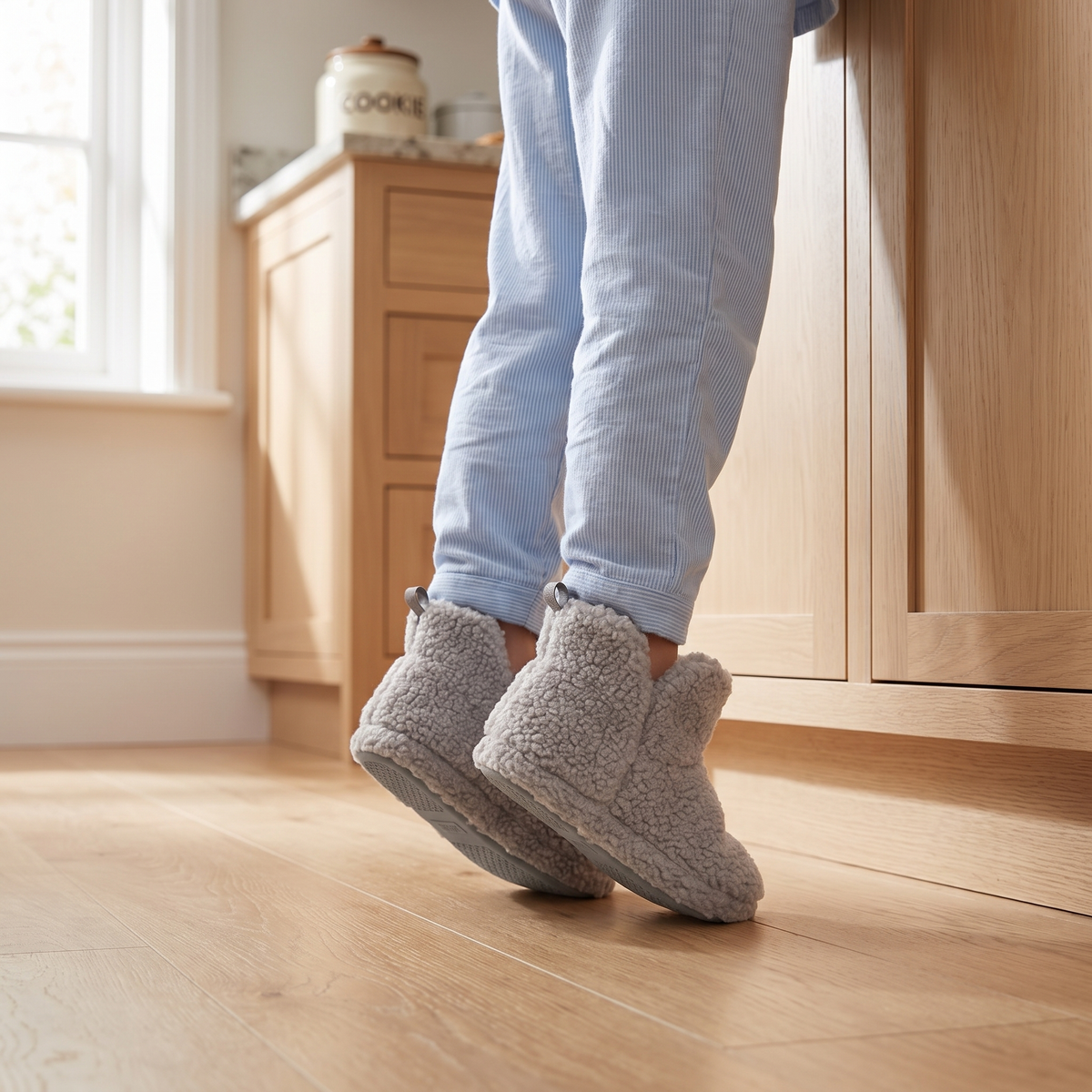 Hoge pantoffels kinderen teddy grijs – Apollo – gedragen in de keuken