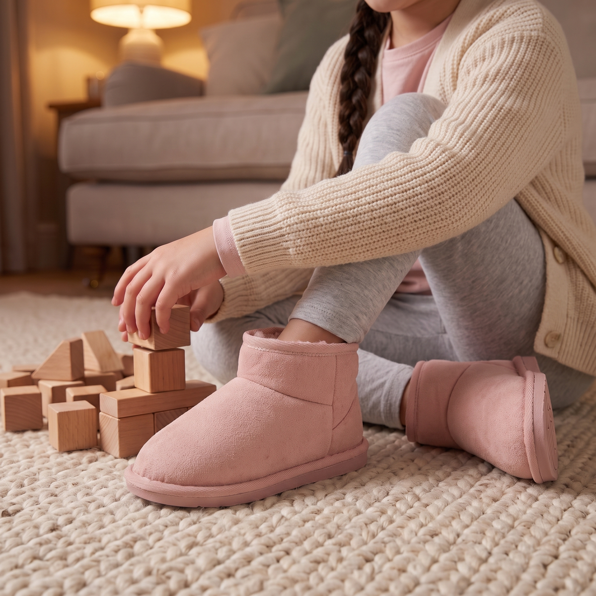Kinder pantoffels suède roze – Apollo – gedragen tijdens het spelen