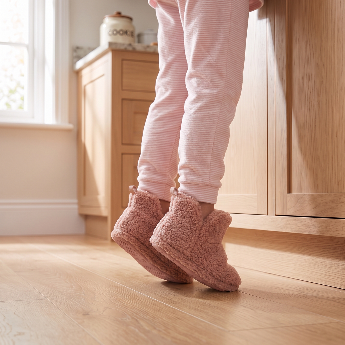 Hoge pantoffels kinderen teddy roze – Apollo – gedragen in de keuken