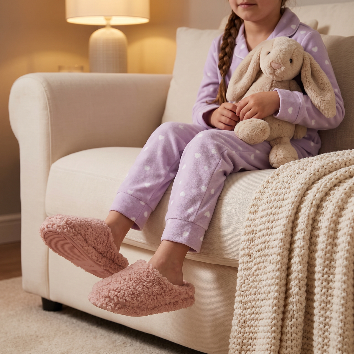 Instap pantoffels kinderen teddy roze – Apollo – gedragen op de bank