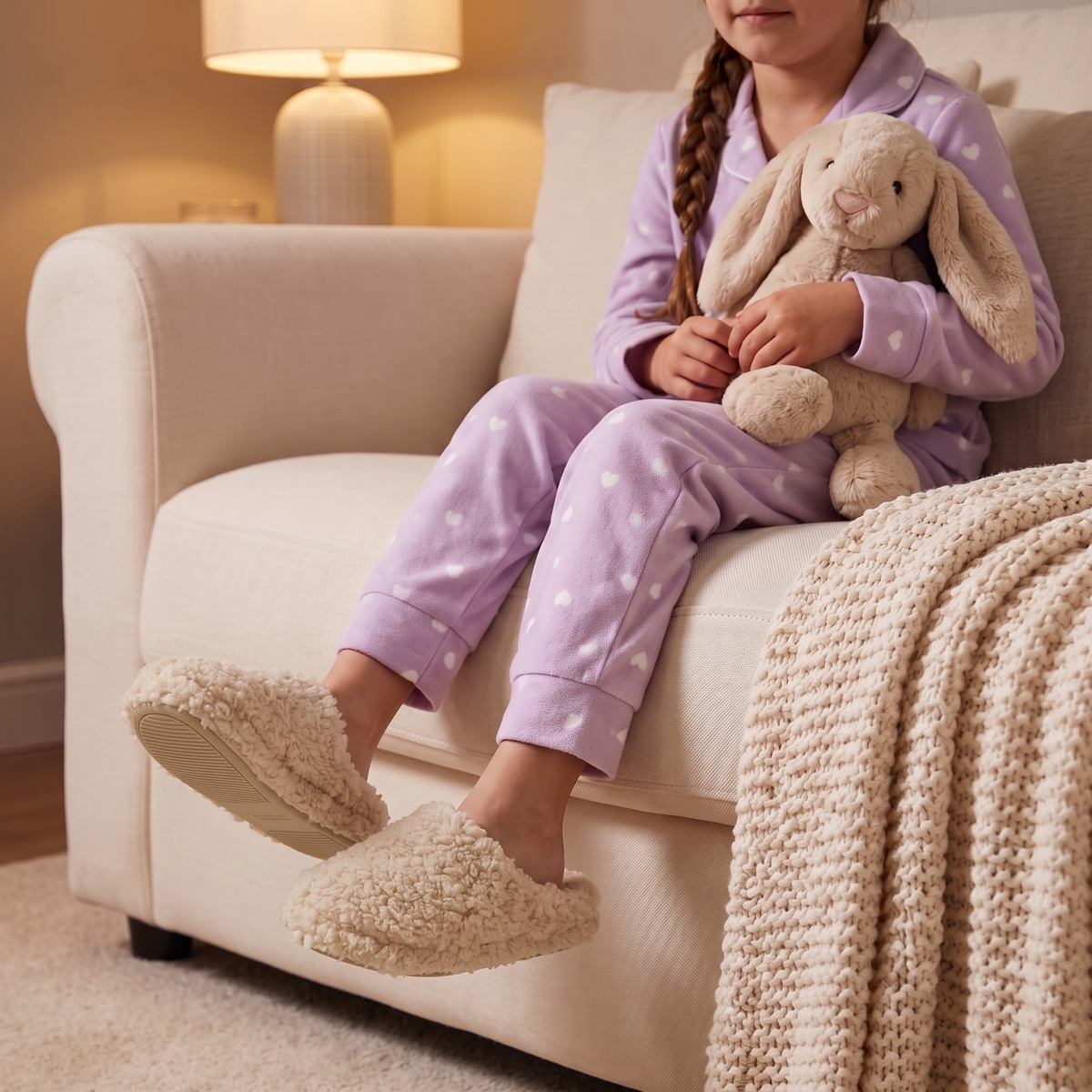 Instap pantoffels kinderen teddy beige – Apollo – gedragen op de bank
