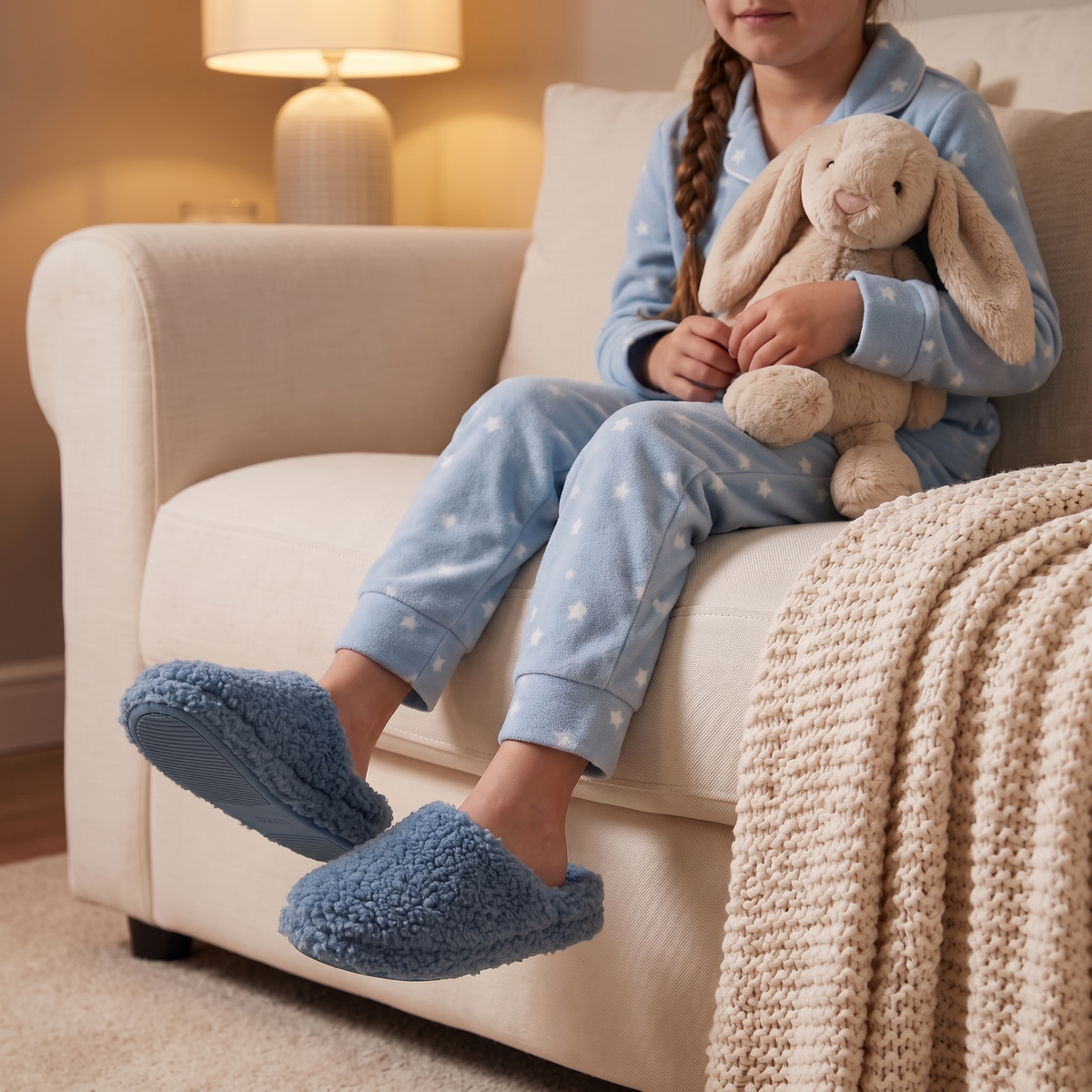 Instap pantoffels kinderen teddy blauw – Apollo – gedragen op de bank
